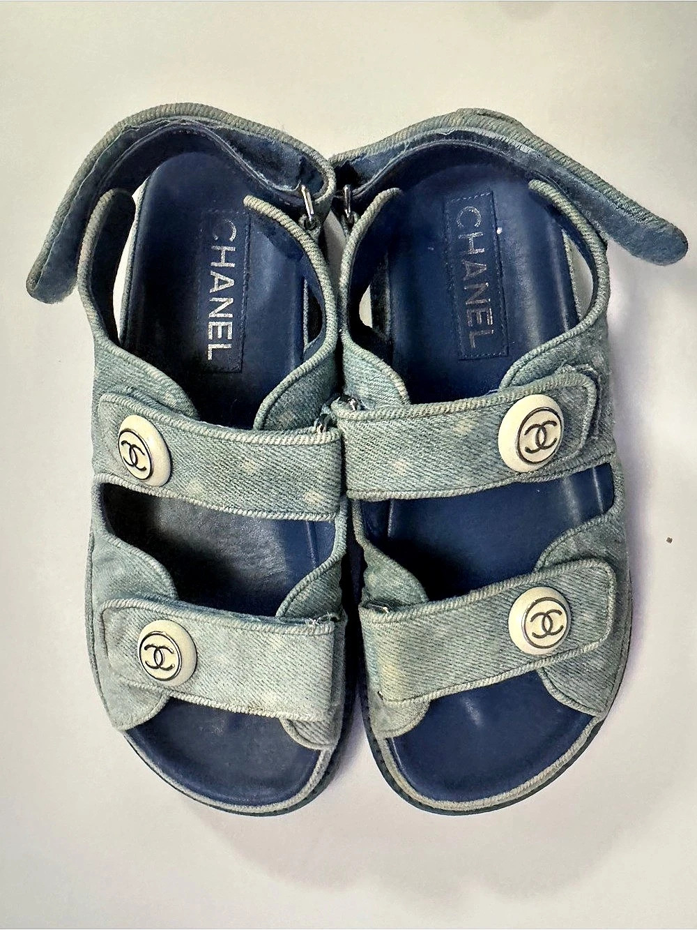 Chanel Denim CC Logo Dad Sandals Blue Sz 9